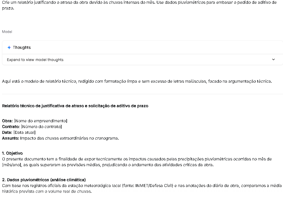 Print de um modelo de relatório técnico de engenharia para justificativa de atraso de obra devido a chuvas intensas, com solicitação de aditivo de prazo contratual.