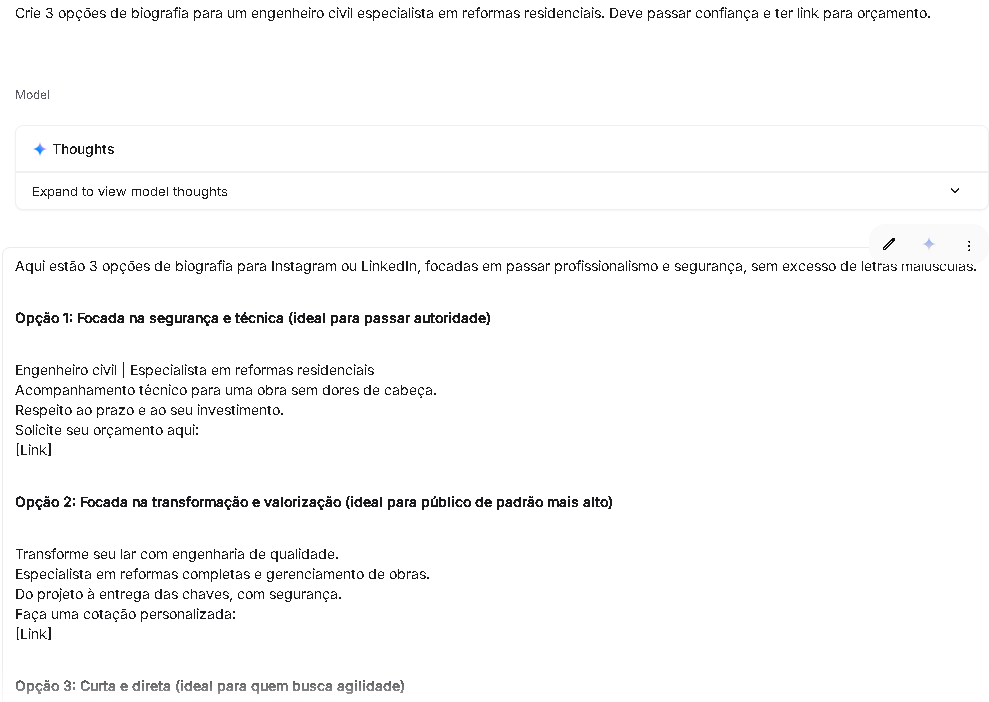 Print com três opções de biografia para Instagram de engenheiro civil, focadas em segurança técnica, valorização do imóvel e agilidade no orçamento.