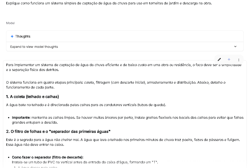 Print de tela com a explicação técnica de como fazer um sistema de captação de água da chuva, detalhando a coleta nas calhas e o filtro de descarte.